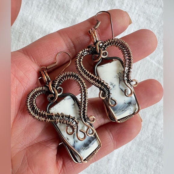 COPPEF Wire Hand Wrapped Dendritic Agate Earrings OOAK - Picture 1 of 7